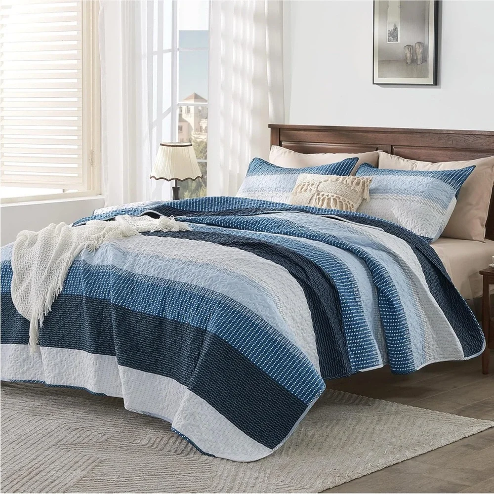 Navy Blue Striped Quilt Queen, 3 Pieces Coverlet Set New